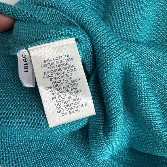 Susan Bristol V-Neck Sweater Split Neck Sequin Knit Turquoise Resort Top Medium - Picture 6 of 9